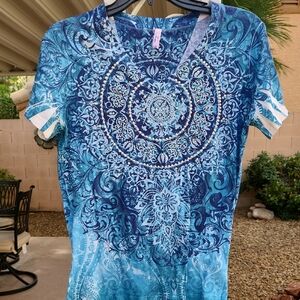 Kiara Size MediumTeal and Navy Patterned Bead Embellished Short Sleeve Top